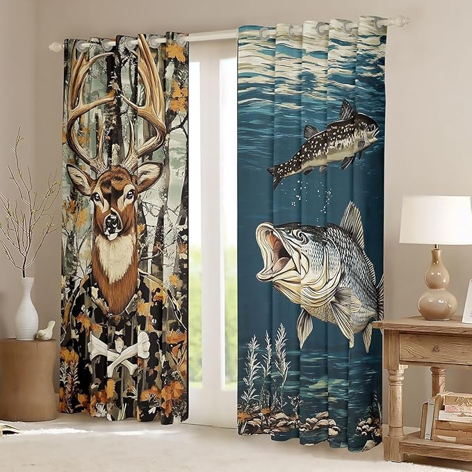 Manfei Camo Deer Hunting Window Drapes,Basa Fish Lake House Rustic Farmhouse Nursery Bedroom Playroom Decor,Dead Branch Sea Water Camping Girls Boys Room Decor,Brown 2 Panels,42Wx90L inch