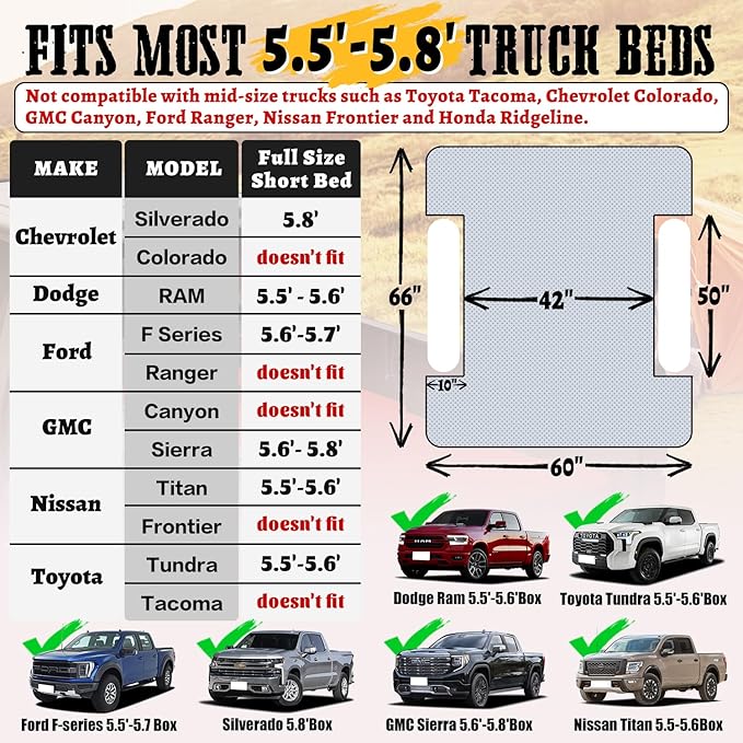 Umbrauto Inflatable Truck Bed Air Mattress for Full Size Short Truck Beds, 5.5-5.8ft, with Pump & Carry Bag. Perfect for Outdoor Adventures