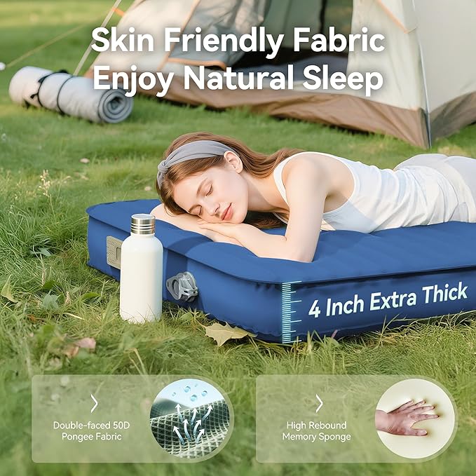 Sleeping Pad for Camping, Self Inflating 4" Ultra-Thick Memory Foam Camping Mat with Built-in Electric Pump, 9.5 R-Value Insulated Air Mattress Sleeping Pads for Car Travel Tent Cot