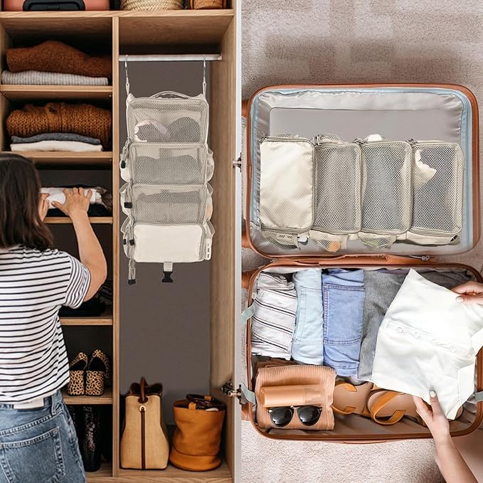 Surblue Travel Hanging Packing Cubes with 2 Hooks Hanging Shelves for Luggage Organizers Portable Compression 4 Shelf Closet Carry-on Suitcases Organizers, Small, Beige
