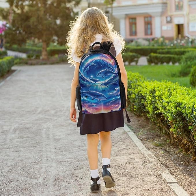 Polyester Daypack for Hiking Work Running, Big Capacity Anti-Theft Multipurpose Shoulder Bag, Galaxy Dolphin Star Space Travel and Sport Backpack Rucksack