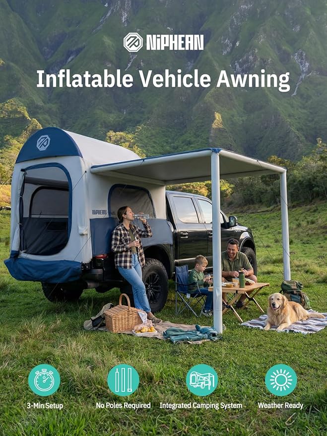 Niphean Inflatable Truck Bed Tent with Zipper-Connect Car Awning, 3-Min Setup Camping System for 5.5–8ft Truck Tent, Waterproof PU3000mm + UV50+ Side Shade, 2+1 Person Overland Shelter