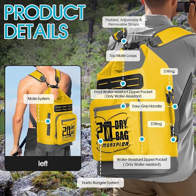 Dry Bag Waterproof,5L/10L/20L/30L Roll Top Dry Bag Backpack with WaterProof Phone Case for Swim,Kayak(Yellow 20L)