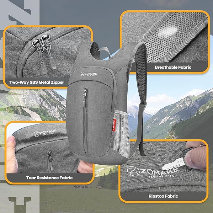 ZOMAKE 10L Ultra Lightweight Packable Backpack, Small Daypack Light Foldable Backpacks Water Resistant Day Bag for Hiking(Grey)