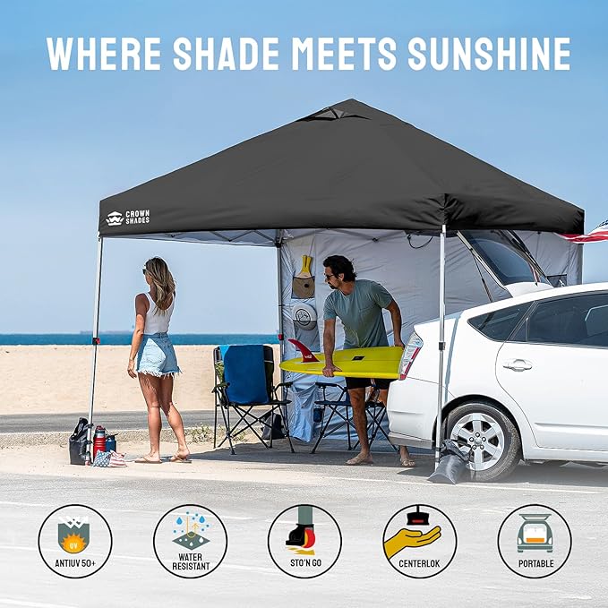 CROWN SHADES Canopy Tent, 10 x 10 Foot Portable Pop Up Outdoor Shelter with Pocket Sidewall, Push Center Lock, UV Protection, and Carry Bag, Black