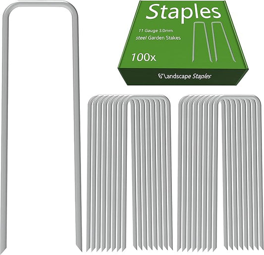 AAGUT 100 Pack 6 Inch Landscape Staples 11 Gauge Garden Staples, Galvanized Heavy Duty U-Shaped Sod Pins,Yard Ground Lawn Fence Stakes for Weed Barrier Fabric Irrigation Tubing