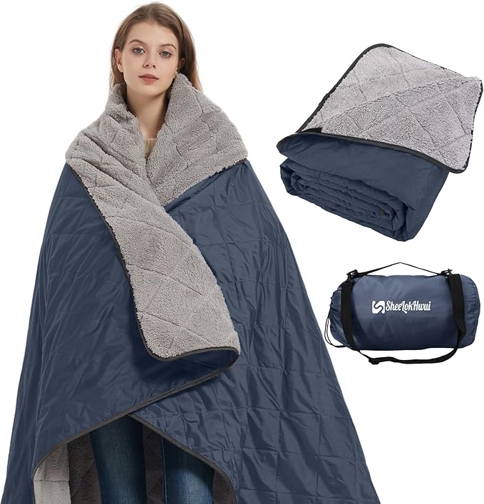 Outdoor/Indoor Sherpa Blanket, Oversized Waterproof Stadium Blanket for Cold Weather. Warm, Soft, Portable, Great for Stadium, Sports Events, Camping, Indoor - 82x56in., Royal Blue