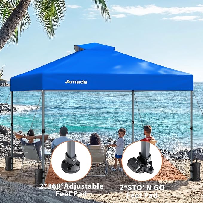 Amada 12x12 Pop Up Canopy - Center Lock One Push Instant Setup Gazebo Outdoor Canopy Beach Tent with STO-N-Go Bag 8 Stakes & 4 Sand Bags, 3-Height Adjustable Shade Shelter (12x12ft, Blue)