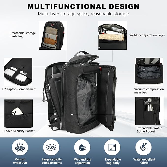 P POSO Vacuum Backpack Travel 60L Expandable Vacuum Seal Compression Travel Backpack with Pump, Laptop Compartment, Water-Resistant Business & Travel Carry-On Easyvacpack Vacuum Christmas Gift for Men