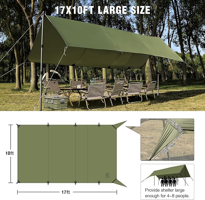 REDCAMP Large 10x17ft Waterproof Camping Tarp, Portable Hammock Rain Fly with 4 Adjustable Poles, 8 Guy Lines & Stakes, Backpacking Tent Shelter for Camping, Hiking, Beach (4 Poles)