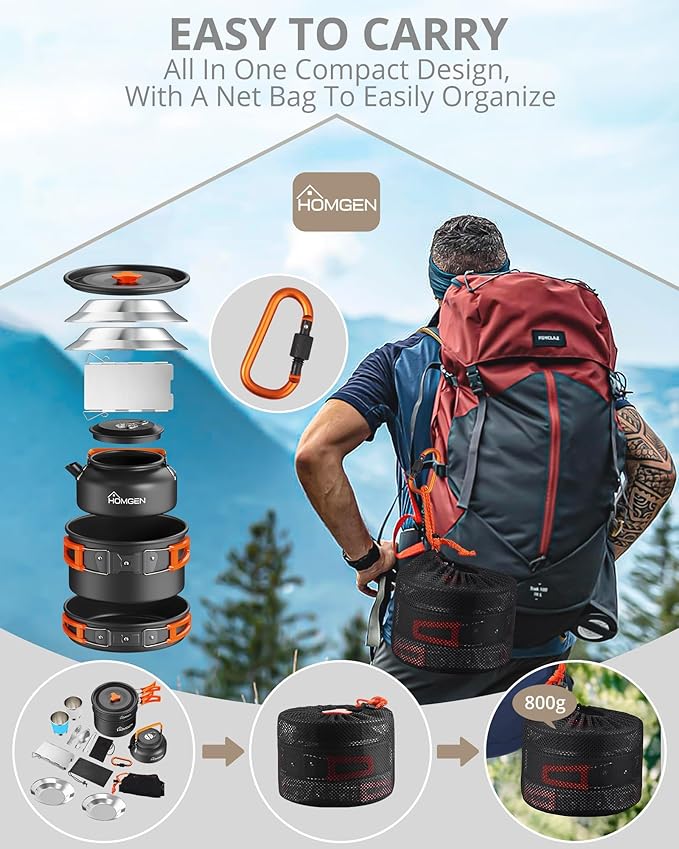 HOMGEN 14-Piece Camping Cooking Set with Stove Windshield & 2 Plates - Lightweight Aluminum Nesting Pot/Frying Pan Teapot - Complete Camping Mess Kit for Backpacking Picnics Outdoor Cooking Camping
