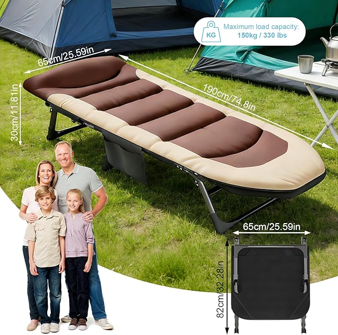Folding Camping Cot, Six-Position Adjustable Backrest, Camping Cot for Adults Comfortable with Pillow and Side Pockets, Supports 330lb, for Home Office Nap Beach Travel Hiking. (Brown)