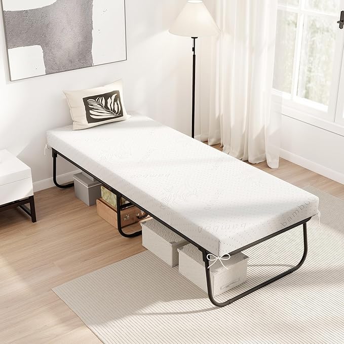 GOFLAME Folding Bed with Mattress Cot Size, 75” x 31” Rollaway Guest Bed Foldable with Memory Foam & Sturdy Metal Frame, Portable Roll Away Beds for Adults for Living Room, Office