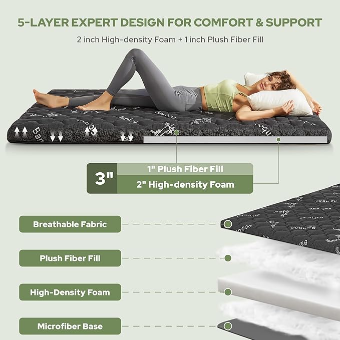 Japanese Floor Mattress Futon Mattress Twin Size Viscose Derived from Bamboo, 3" Thick Tatami Mat with High Density Foam, Foldable & Portable Floor Lounger Bed, Roll Up Sleeping Pad, Guest Room