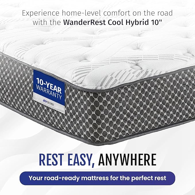 WanderRest Cool Hybrid 10” RV Mattress, King 76x80, Medium, Cooling Gel Memory Foam & Pocketed Coil Mattress for RV, Camper, or Travel Trailer, Made in USA