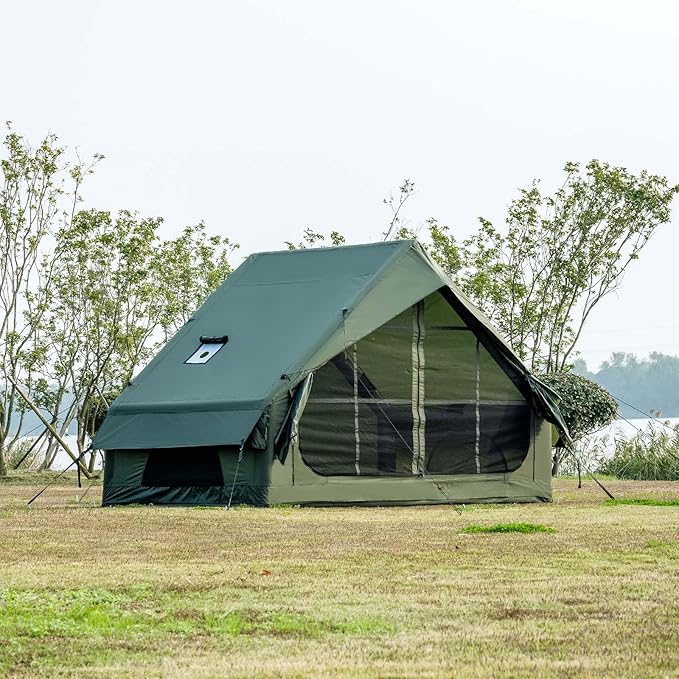 Inflatable Camping Tent with Hand Pump Waterproof Outdoor Blow up Tent Oxford 4 Season Air Tent Cabin House with Mesh Windows & Door 12sq/6sq Green