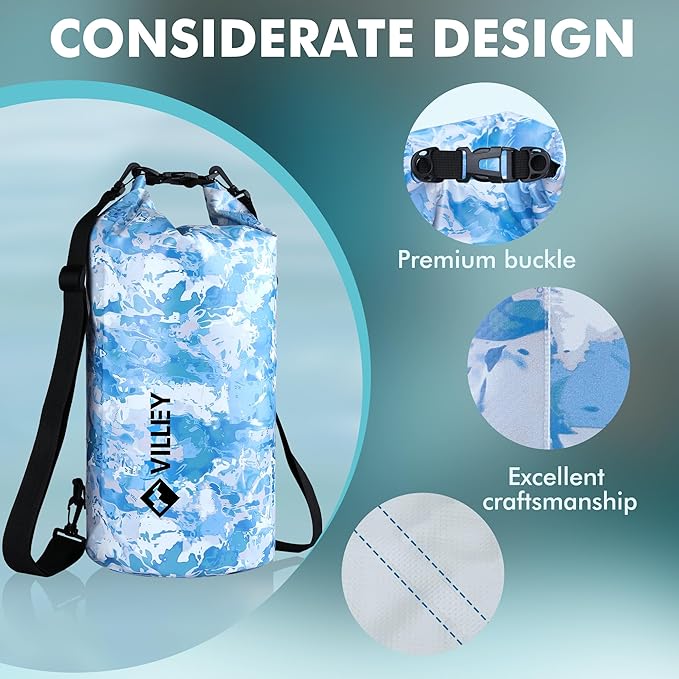 VILLEY Dry Bag Waterproof 10L Roll Top Storage Backpack, Keeps Gear Dry Lightweight Backpack for Kayaking Boating Camping Swimming and Beach Accessories Blue Camo
