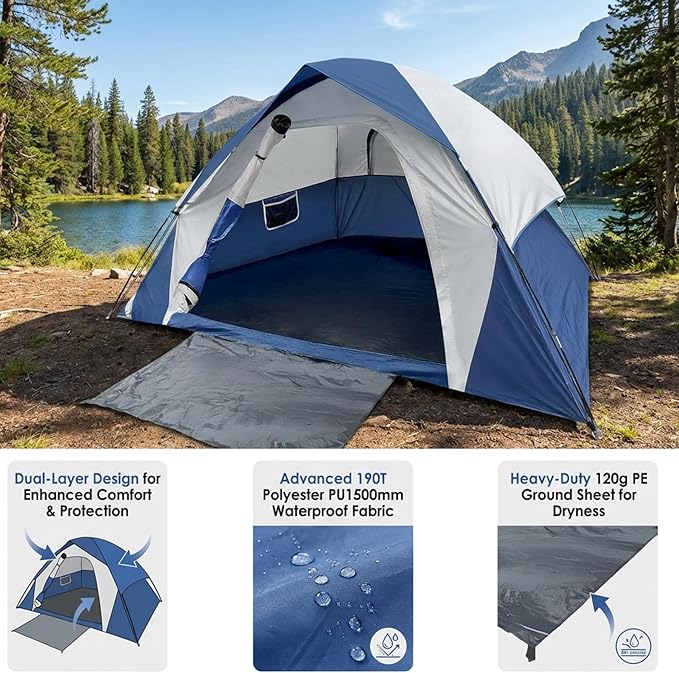XL 4 Person Dome Camping Tent, Double Layer Waterproof, Removable Rain Fly, for Outdoor Hiking, Fishing