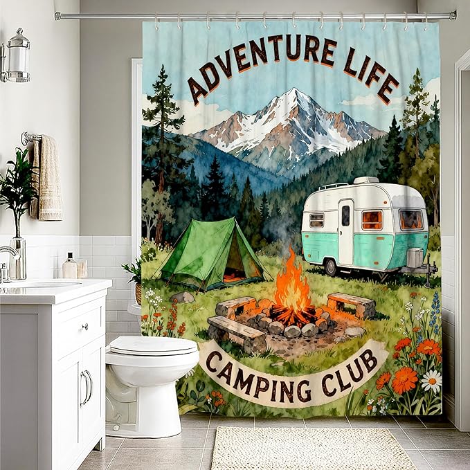 Mountain Shower Curtain, Outdoor Adventure Tent Campfire Summer Green Washable with Hooks Bathtub Cloth Curtains for Home Bathroom Toile Hotel Decor 54x78 Inch