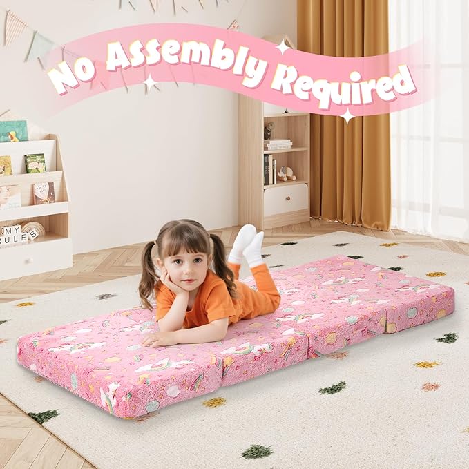 MeMoreCool Kids Folding Mattress, Trifold Mat Foldable Floor Mattress for Kids, 63x26 Portable Floor Mat with Washable Cover and Carry Bag, 4 Inch Foam Medium Firmness, Colorful Unicorn
