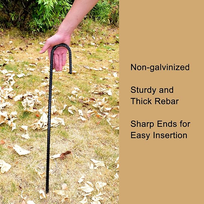 AAGUT 20 Pack Rebar Stakes J Hook 36 inch Heavy Duty Trampoline Stakes Steel Ground Anchors with Chisel Point End for Camping Tent Canopy and Chain Link Fence,Black