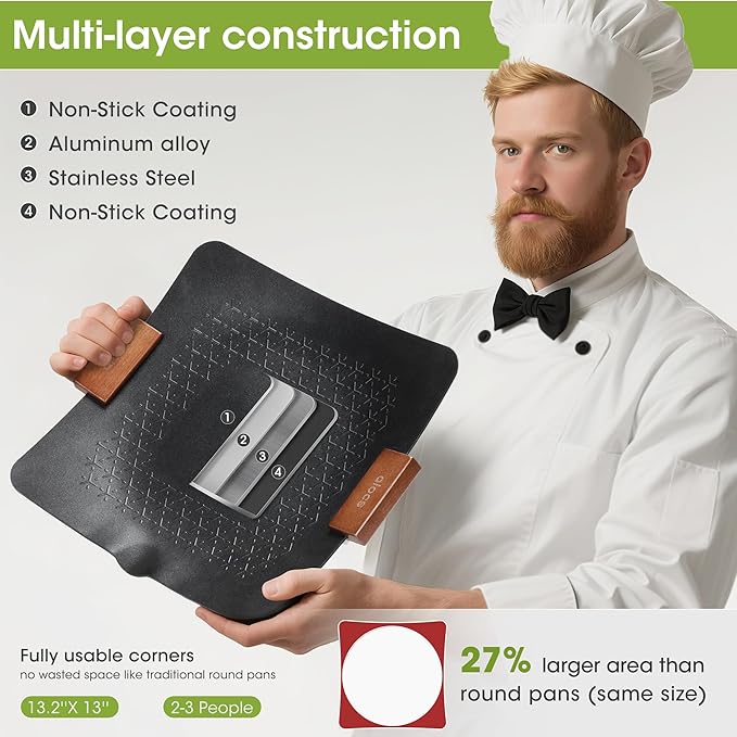 Alocs Grill Pan, Lightwight 2.2 Pounds Griddle Pan for Stove Top, 12.6'' Non-Stick Frying Pan, Pancake Griddle with Storage Bag for Indoor Cooking, Induction, Outdoor Camping BBQ and Campfire