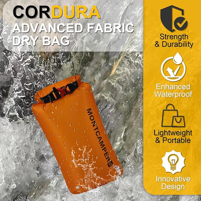 CORDURA Waterproof Dry Bag 5L – Heavy Duty IPX6 Roll Top Sack with Survival Whistle for Kayaking, Camping, Boating, Beach – Lightweight Dry Backpack (Orange)