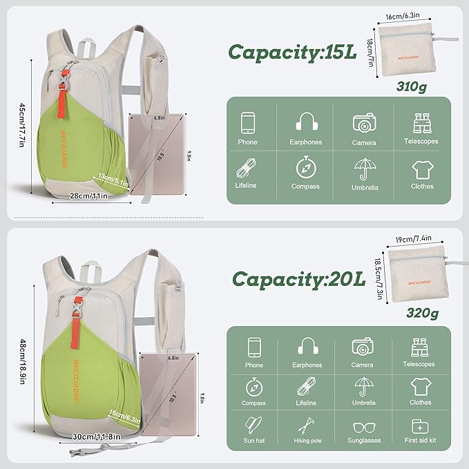 15L Small Hiking Backpack for Men Women Foldable Packable Back Pack Ultralight Hiking Daypack for Travel Camping Outdoor, Beige Green