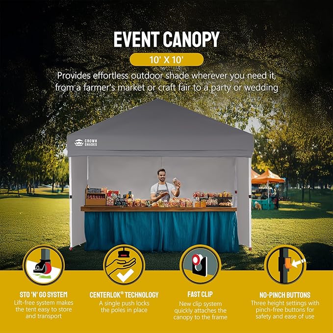 CROWN SHADES 10X10 Comercial Instant Canopy Pop Up Tent with Center Lock (10x10 with 4 Sidewalls, Grey)