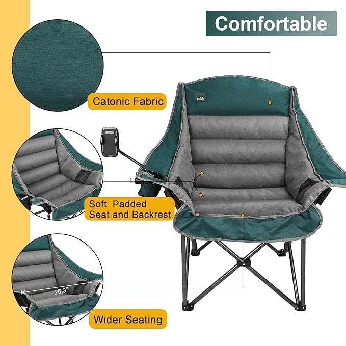 Northroad Oversized XL Padded Camping Chair w/Cell Phone Holder, Large Camp Lounge Chair, Foldable Lawn Chair w/Cup Holder,Carry Bag for Outdoor Hiking, Beach, Picnics, Heavy-Duty 400-lbs Capacity