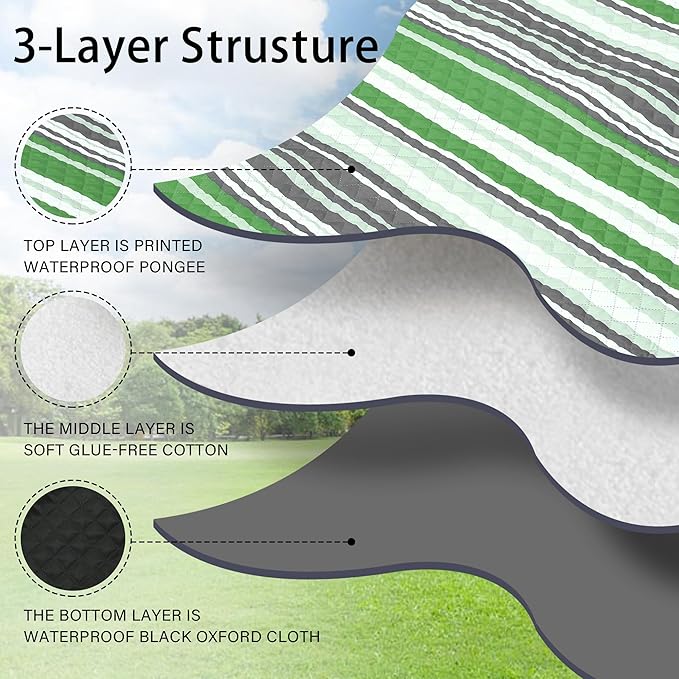 HX&OD Large Picnic Blanket Outdoor 80”x60” Waterproof Picnic Mat Foldable 3-Layer Camping Blanket Portable with Carry Strap Park Blanket for Grass(Green)