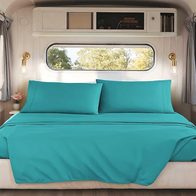 Hearth & Harbor Short Queen Sheets for RV, Teal RV Queen Sheets, Silky Soft 1800 Microfiber Bed Sheet for Camper, 4 Piece RV Bedding with Pillowcases