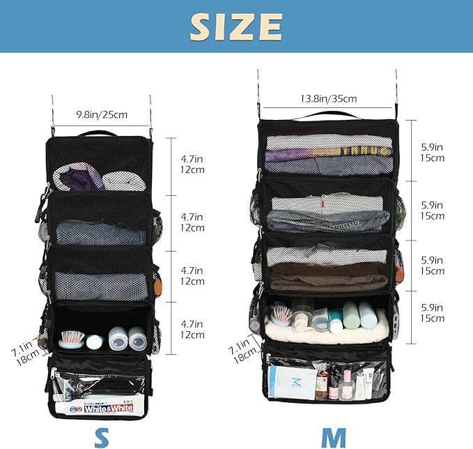 Surblue Travel Hanging Packing Cubes with 2 Hooks Hanging Shelves for Luggage Organizers Portable Compression 4 Shelf Closet Carry-on Suitcases Organizers, Medium, Black