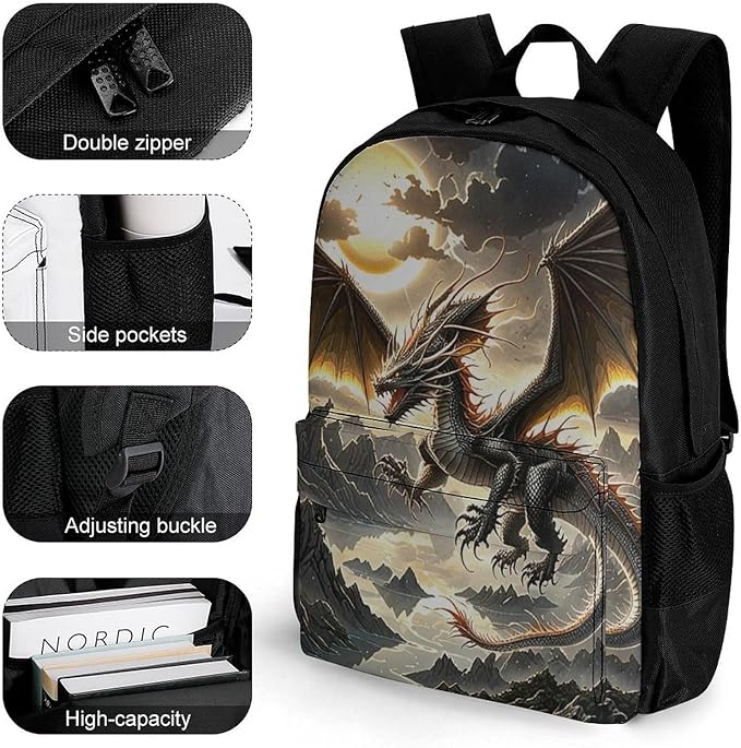 Men Women Polyester Majestic Dragon Fantasy Art Backpack Large Capacity Bookbag With Smooth Zippers for Climbing Picnic Bicycle