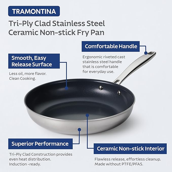 Tramontina Signature 12-Inch Tri-Ply Clad Stainless Steel Large Frying Pan with Ceramic Non Stick Interior, Induction-Ready Nonstick Skillet, Oven-Safe, Made in Brazil
