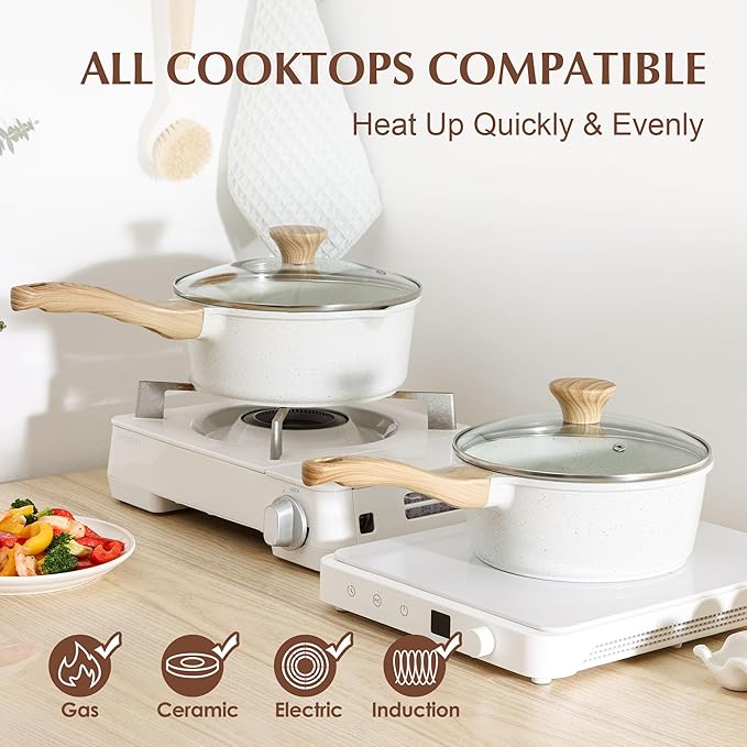 SENSARTE White Ceramic Nonstick Saucepan with Lid 1.5 Quarts, Small Cooking Pot with Stay Cool Handle, Induction Compatible Saucepot, White Granite Coating, Free of Intentionally Added PTFE/PFOA/PFAS