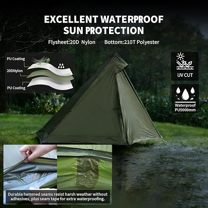 TENPLAY Ultralight 1 Person Tent - 970g 20D Nylon, 130cm Height, PU5000 Waterproof, Easy Setup, NO Trekking Pole for Hiking, Camping & Mountaineering