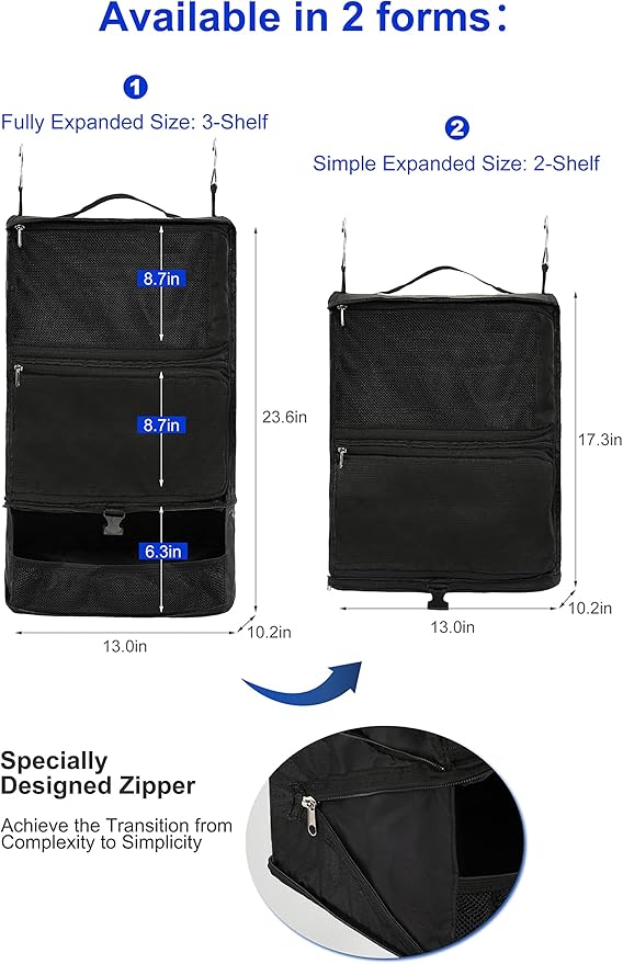 ELEZAY Hanging Packing Cubes Portable Closet 3-Shelf Travel Collapsible Compression Garment Organizer for Carry-on Luggage Suitcase Space Saver Bag X-Large_No Side Pockets, Black