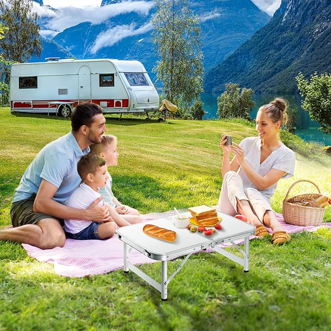 Small Folding Table 2FT Foldable Camping Table Portable Picnic Table Aluminum 2 Height Adjustable Outdoor Beach Card White 23.6×15.7 inch