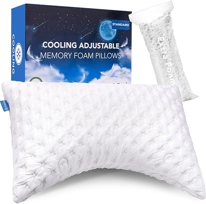 Cooling Side Sleeper Pillow for Neck and Shoulder Pain, Luxury Shredded Memory Foam Curved Bed Pillows for Sleeping Set of 1- Adjustable Standard Size- Washable Cover Crescent White
