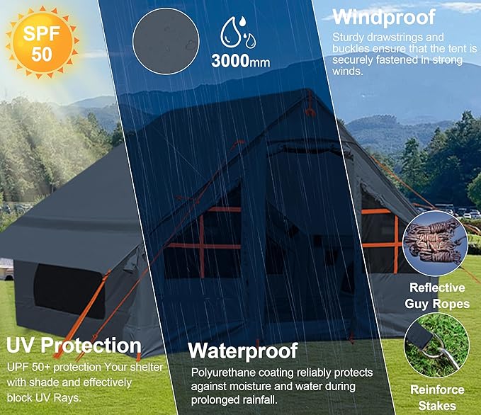 Inflatable Tents for Camping with Stove Jack, 2/4/6/8 Person Easy Setup Blow Up Tents for 4 Seasons Waterproof Inflatable Camping Tent with Awning, Air House Glamping Tents for Camping Adult