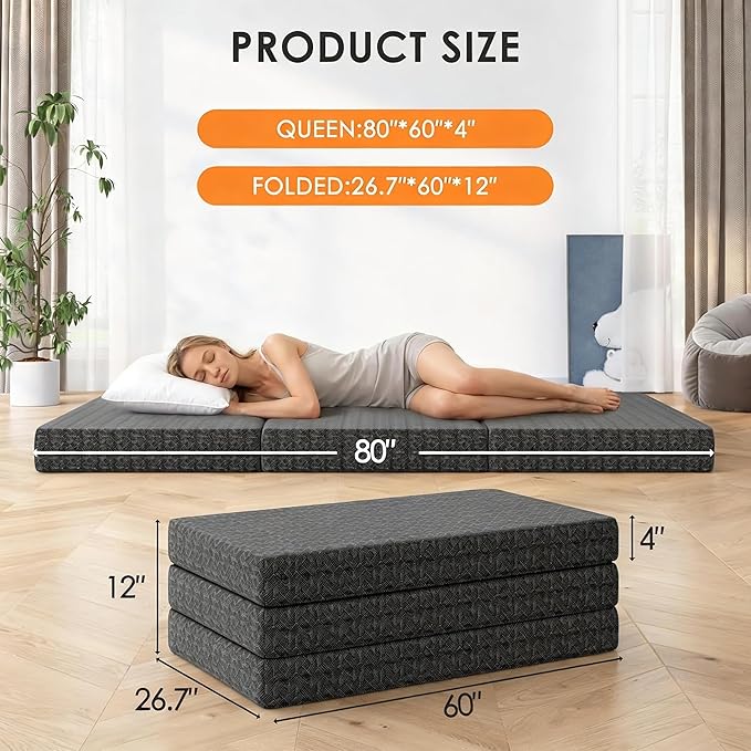 4 Inch Tri-Fold Mattress Queen Size, Portable Memory Foam Guest Bed with CertiPUR-US Certified Cooling Gel & Washable Cover, Folding Mattress for Camping, Dorm, RV & Living Room, Black
