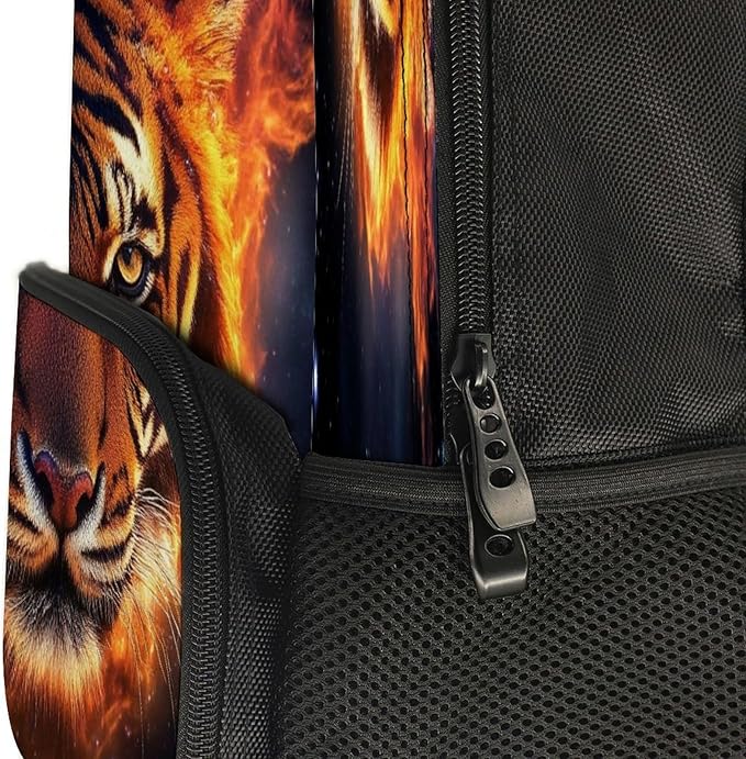 Polyester Daypack Backpack for Trekking Picnic Walking Cycling, Large Capacity Anti-Theft Multipurpose Shoulder Bag, Space Fire Flame Animal King Wild Angry Tiger Casual Daypack