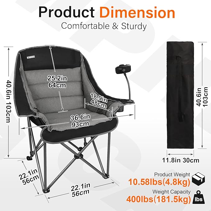 Camping Chairs for Adults-Oversized Extra Large Lawn Chair,Folding Comfy Padded Chair w/Phone Holder,Side Pocket,Cup Holder for Outdoor,Wide&Thick,Heavy Duty 400Lbs,Black