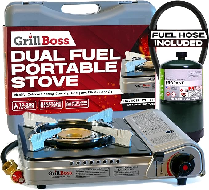 Grill Boss Dual Fuel Portable Stove, Dual Fuel Butane & Propane Stoves, 12K BTU Butane Camp Stove & Propane Portable Camping Stoves for Emergencies, Outdoor BBQ, Cooking, Hikings & Backpacking - 90057