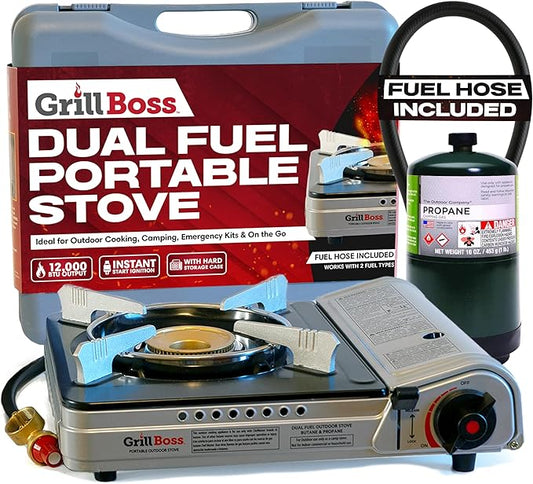 Grill Boss Dual Fuel Portable Stove, Dual Fuel Butane & Propane Stoves, 12K BTU Butane Camp Stove & Propane Portable Camping Stoves for Emergencies, Outdoor BBQ, Cooking, Hikings & Backpacking - 90057