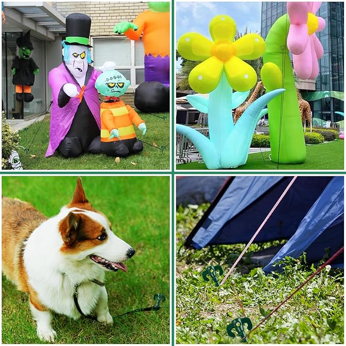 48 Pieces Plastic Inflatable Stakes Set Plastic Tent Stakes with Hooks & Ropes Camping Stakes Duty Tent Pegs for Halloween Christmas Yard Inflatables Sturdy Tent Canopy Stake (Green)