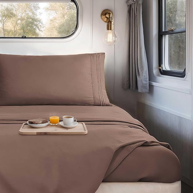 Hearth & Harbor Short Queen Sheets for RV, Chocolate Brown RV Queen Sheets, Silky Soft 1800 Microfiber Bed Sheet for Camper, 4 Piece RV Bedding with Pillowcases