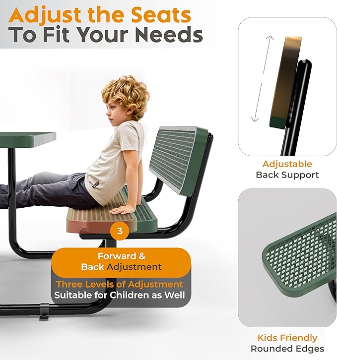 Metal Picnic Furniture for Outdoors with Umbrella Hole - Coated Steel Heavy Duty Commercial Grade Table with Adjustable Seats, Patio Set for a Lifetime (Green, 6' Rectangular with Back)