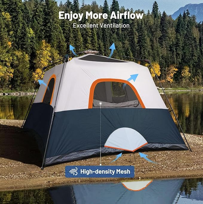 3/4 Person Camping Tent with 1 Door, 4 Windows, and Upgraded Ventilation– Instant Setup, Waterproof, 8'x 8'x 67''Oxford Fabric Floor Pop Up in 60 Seconds Includes Rainfly and Backpack
